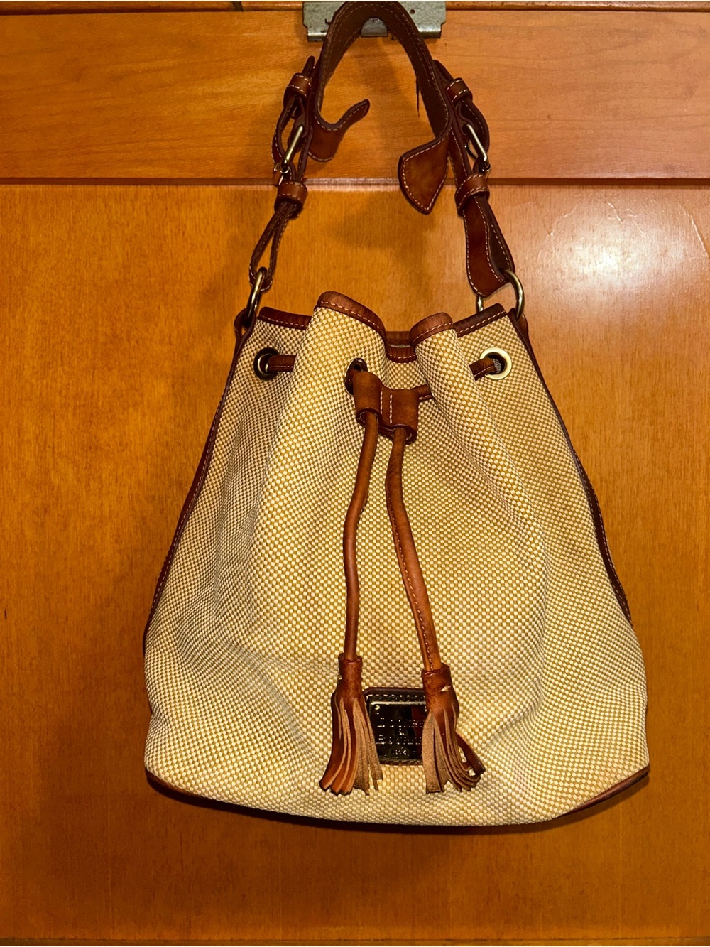 Dooney & Bourke  Beige Canvas Leather Drawstring Shoulder Purse Bucket Bag